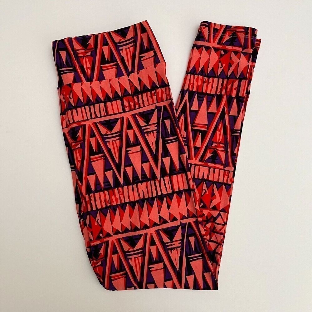 LuLaRoe Red & Purple Geometric Pattern Leggings, Lularoe Patterned Leggings Q9 - Picture 6 of 7
